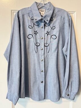 Vintage Western Chambray Shirt L Blue Embroidered Star Cowgirl Rodeo Top